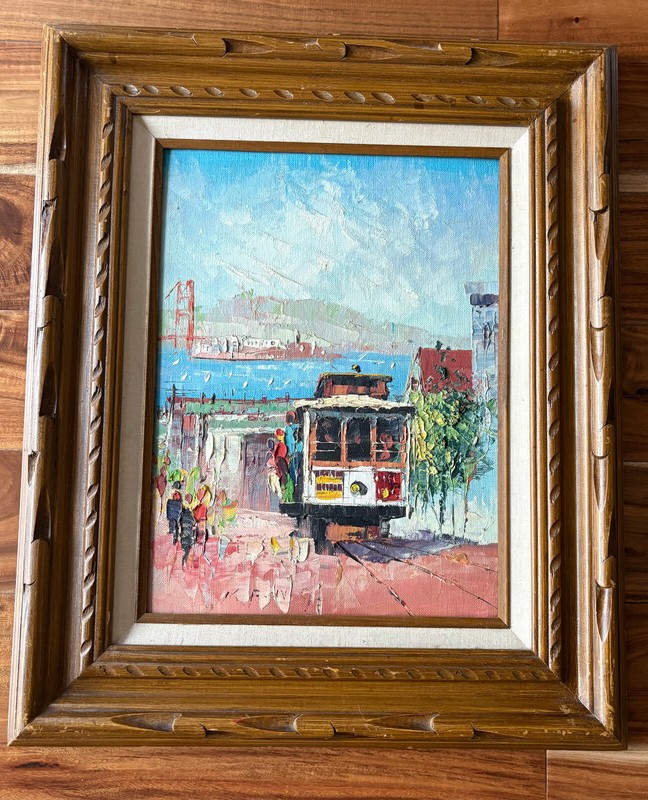 SAN FRANCISCO LANDSCAPE (CABLE CAR ,GOLDEN GATE BRIDGE )-OIL ON CANVAS -SIGNED