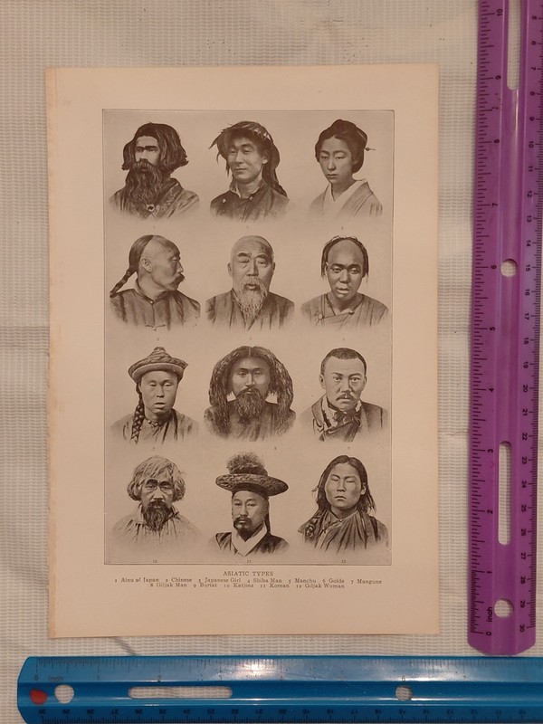 Antique Book Plate Asiatic Types Ethnographic Portrait Print Ainu Korean Manchu