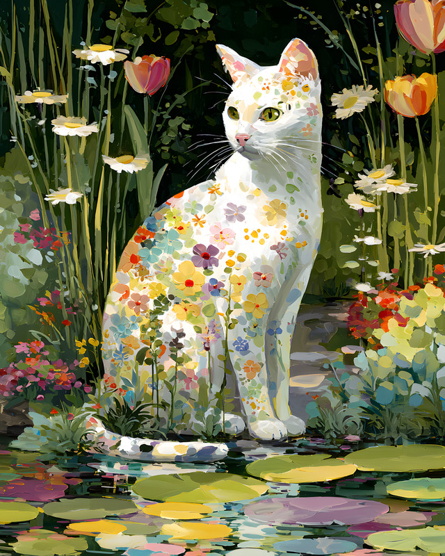 8×10 Cozy Storybook Cat Sitting in Garden with Flowers Art Print – 374608066