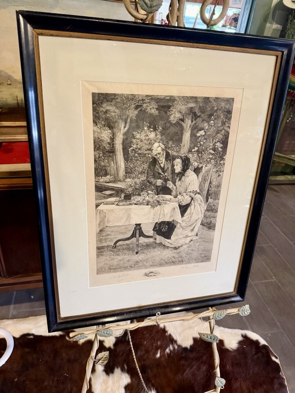 Signed proof engraving “Tea in the Garden» James Dobie, original by Walter Dendy