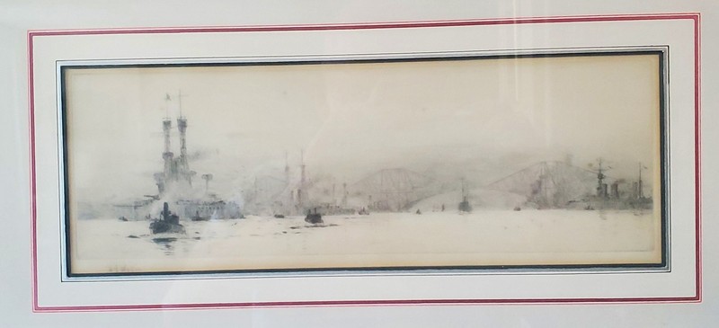 WONDERFUL W L WYLLIE ETCHING US NAVY BATTLESHIPS AGAINST SCOTLAND’S FORTH BRIDGE