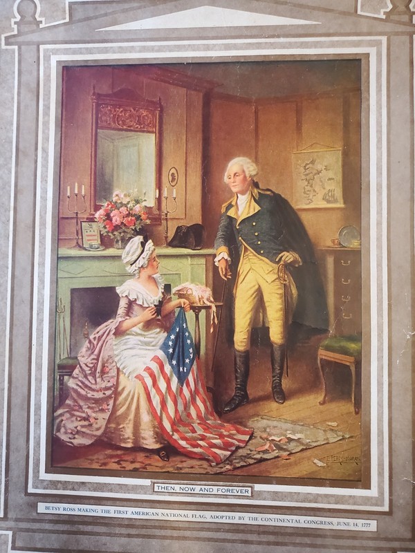 Antique Print Then Now and Forever Edward Percy Moran Betsy Ross Washington LG