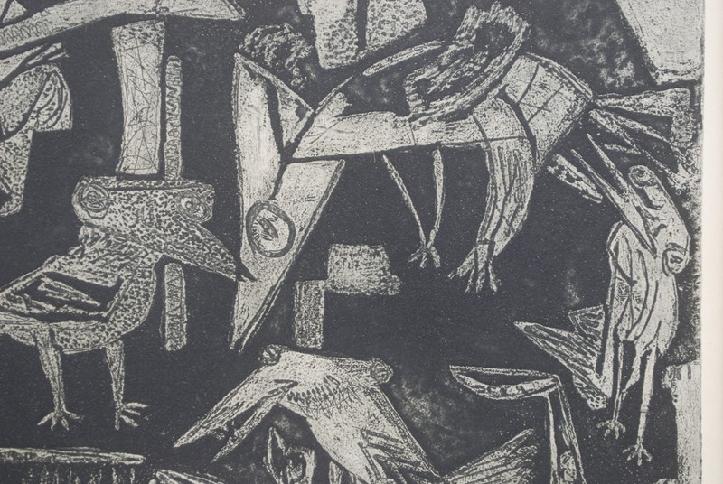 "Birds" MCM Linocut Print 1950s 9.5"x8" mat 14"x16" gallery