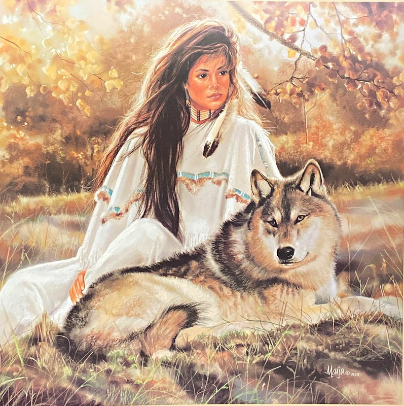 Maija Aspen Gold Native American Maiden with Wolf Poster (23×23)
