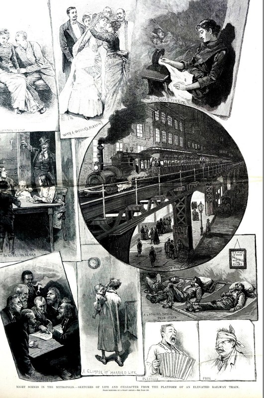 Elevated Railway Train Scenes 1885 HOMELESS PAIN LOVE MARRIAGE BABY Large Print