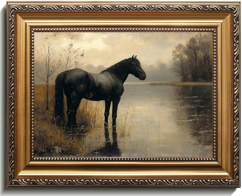 Vintage Horse Framed Wall Art Moody Equestrian Print with Gold Frame Horse Pictu