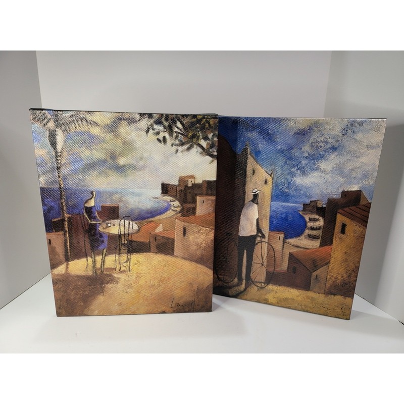 Didier Lourenco Mediterranean Canvas Art Prints Set of 2 Coastal Village 11×14