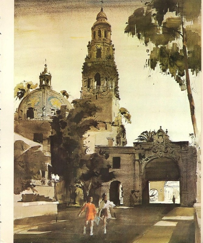 1970 Vintage CALIFORNIA Full Color Art Plate «BALBOA PARK» McIntyre Lithograph