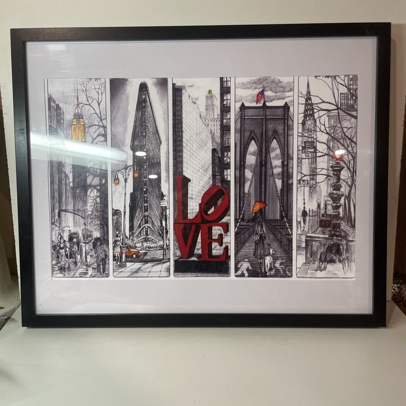 New York City 4 Landmarks Black & White Red Print Framed Matted 21×17” See Discr