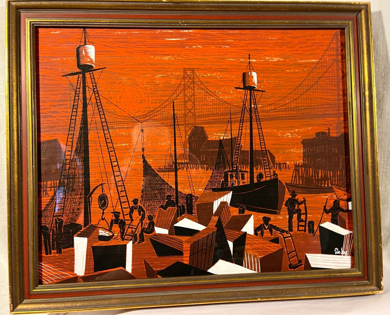 Mid-Century Orig. Serigraph San Francisco Fisherman’s Wharf Sgnd De-Jay, c 1950s