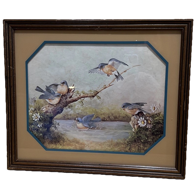 Vtg Margie Morrow Bluebirds «After a Summer Shower» Signed Framed 1983 19”x 16”