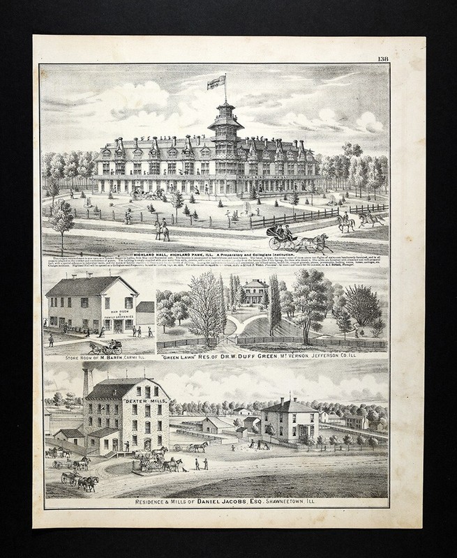 1876 Illinois Print Highland Hall Park IL – Barth Bar Store Carmi – Dexter Mills
