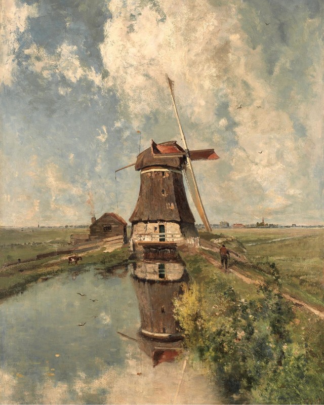 Vintage Dutch Windmill Landscape Painting Giclee Print on Fine Art Paper