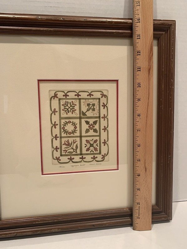 Vintage Sarah Rishel Framed "Applique Quilt" Print Numbered & Signed 14 x 13 gallery