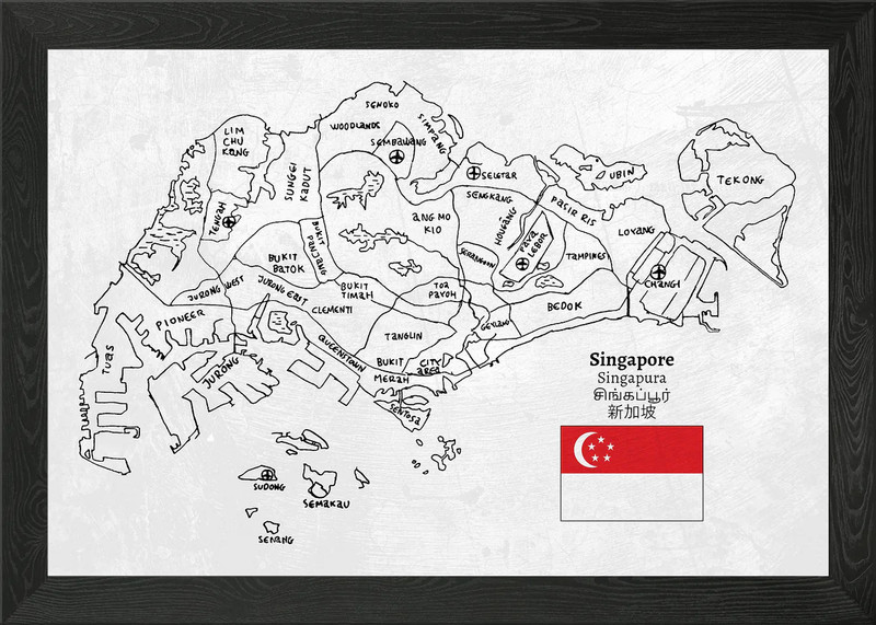 Handdrawn Singapore Map Framed Wall Art Poster Canvas Print Picture