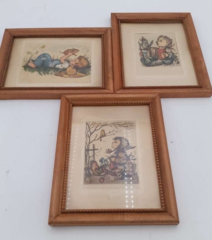 Vintage Framed Child Illustration Prints Set of 3 Wood Frames Storybook Style