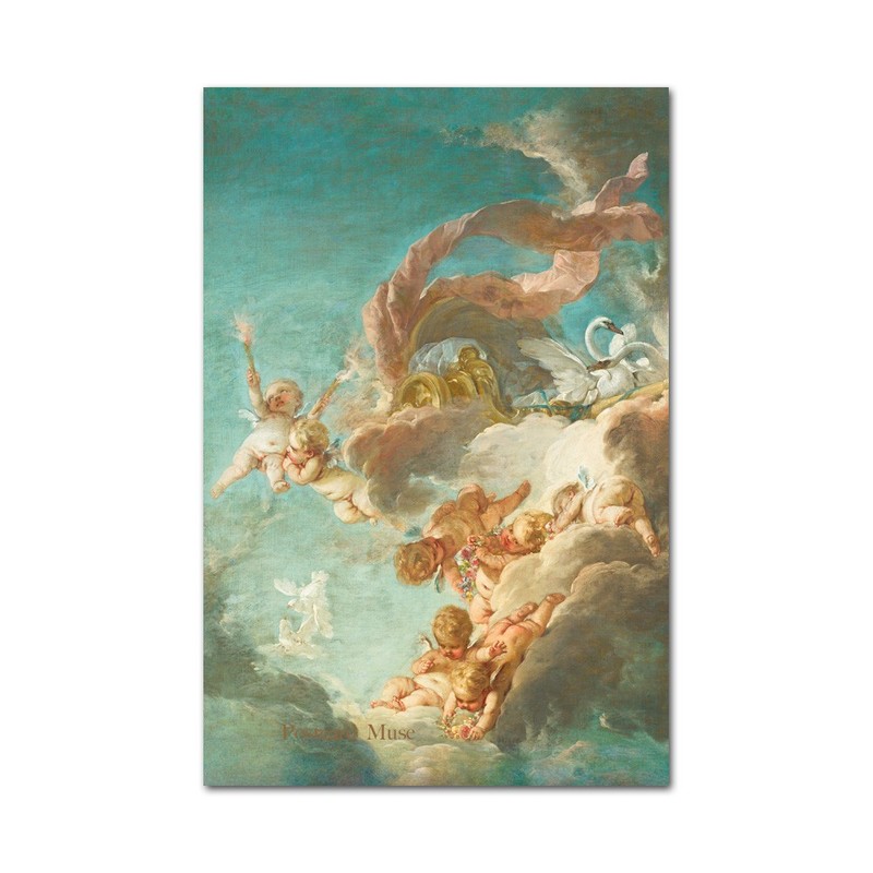 Cherubs With The Chariot Of Venus By Boucher Antique Image 4×6 Art Paper Print