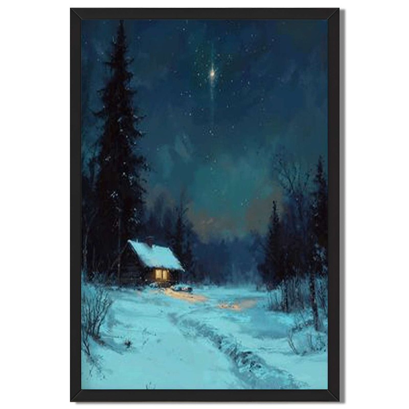 Winter Night Cabin Landscape Canvas Oil Paintings Reproduction