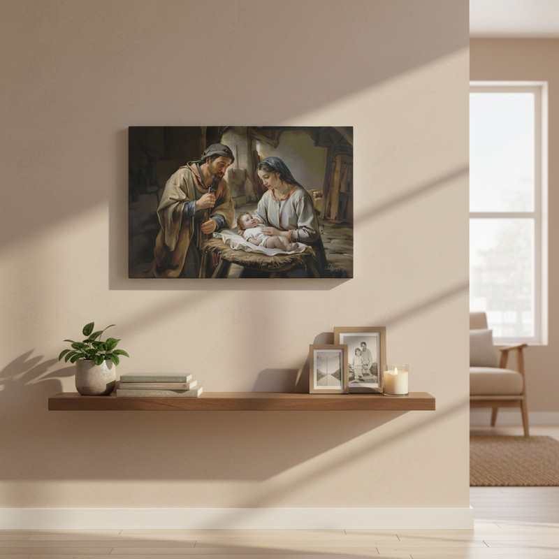 The Nativity scene of Baby Jesus, Mary and Joseph in a stable - Christian Art Ca gallery