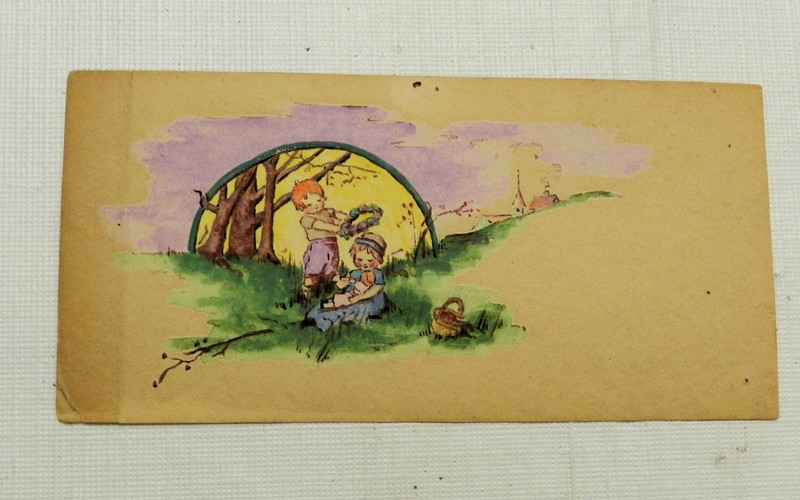 Antique Handpainted Pastoral Image, Two Children, on Thin Cardboard 5.9″ x 2.8″
