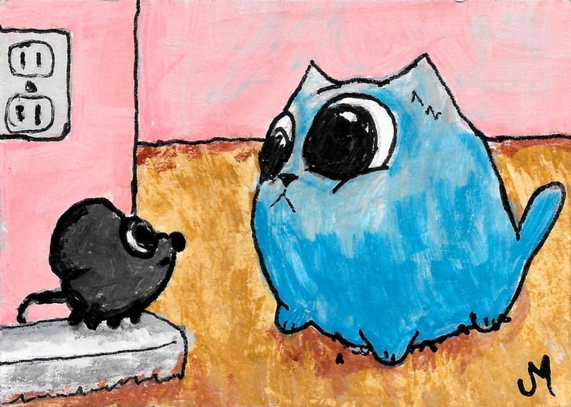 ACEO PRINT OF CAT PAINTING Josh Merritt and Mouse House Play WHIMSICAL Folk ART