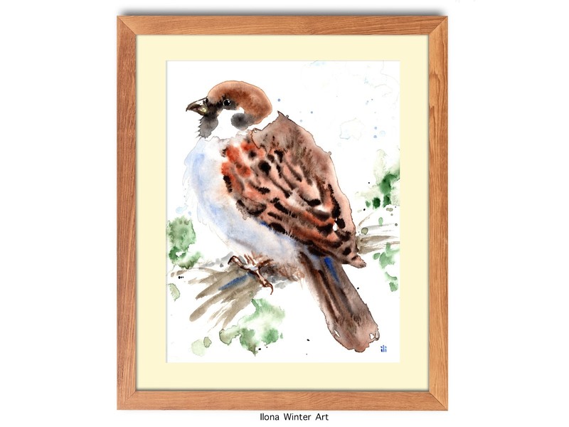 Personalised Watercolor Sparrow Bird «Spring» Painting Print by Ilona Winter