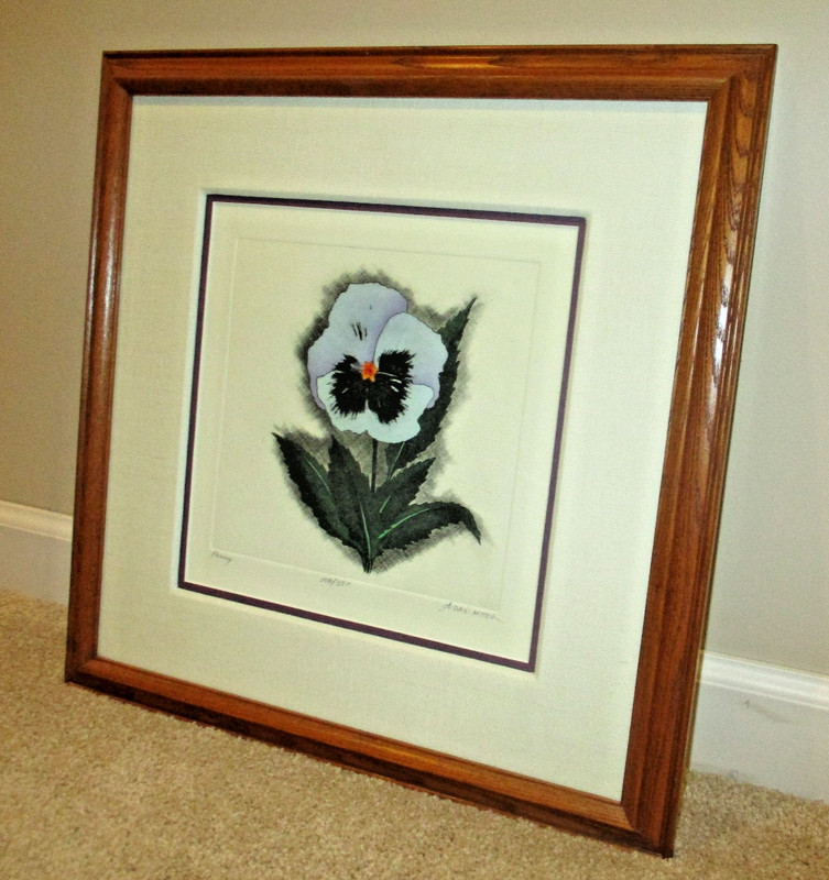 Framed pansy flower graphic art piece signed and #- new with high end framing gallery