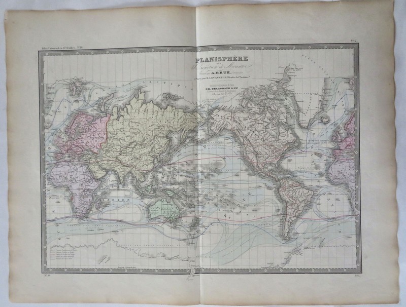 World Map Ocean Currents Icebergs 1875 Brue large hand colored scientific map gallery