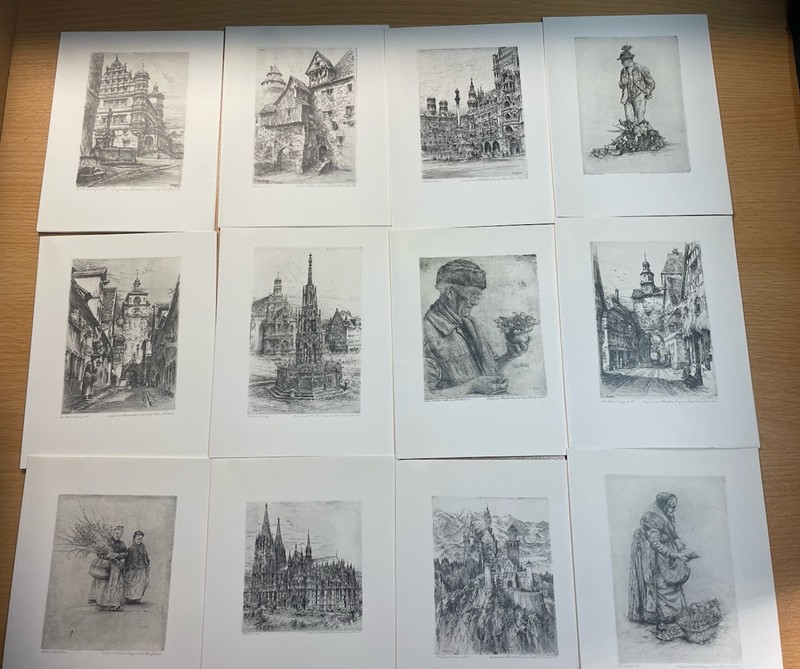 Vintage German Etching Print Lot Paul Geissler Rothenburg 12pc Set