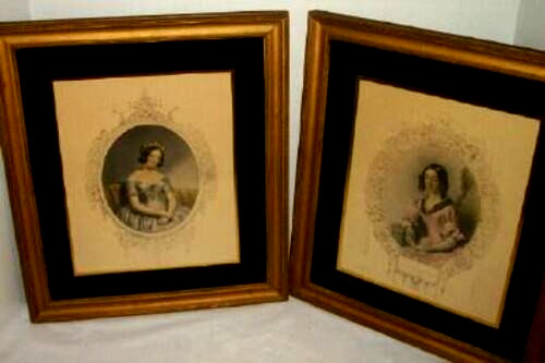 Antique French Lady Engraving Tinted Prints Reverse Painted Glass Mats Pair