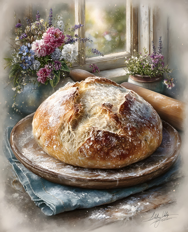8×10 Cozy Storybook Plate of Bread on Table with Flowers Art Print – 549254890
