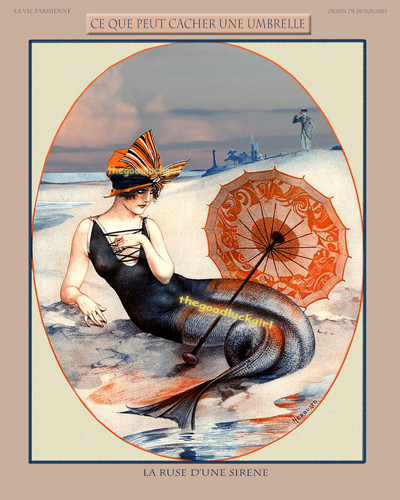 5×7 FLAPPER MERMAID WITH UMBRELLA Vintage 1921 La Vie Parisienne Art print