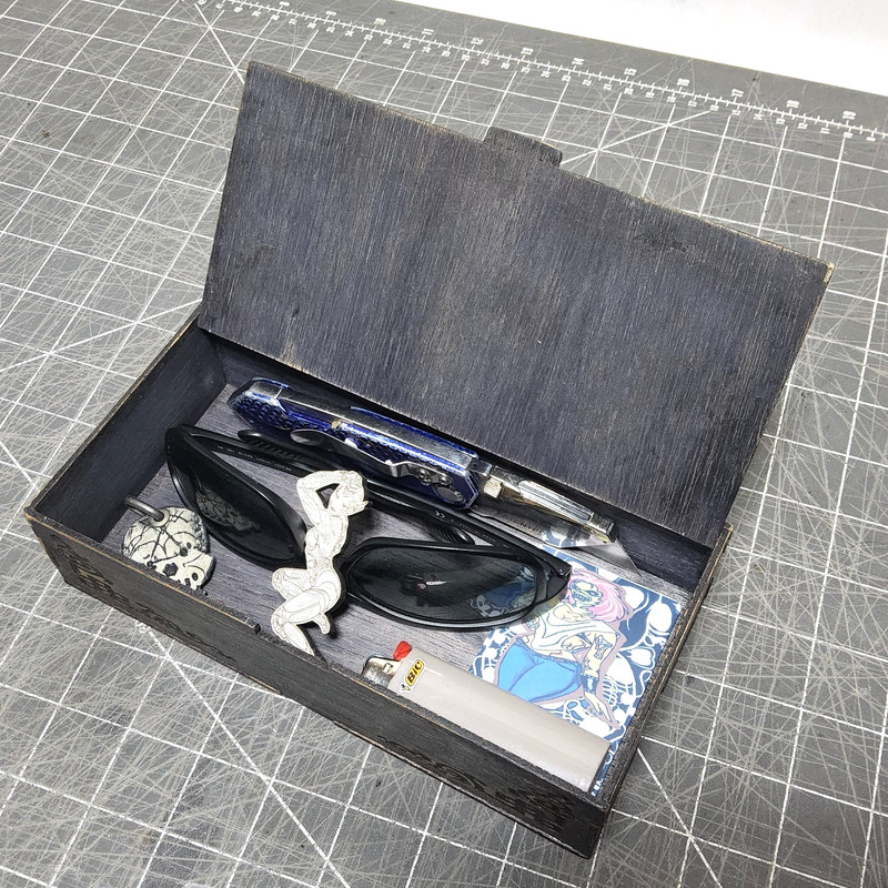 Custom laser etched border scroll flip top wood stash box teal purple 8x4x2 gallery