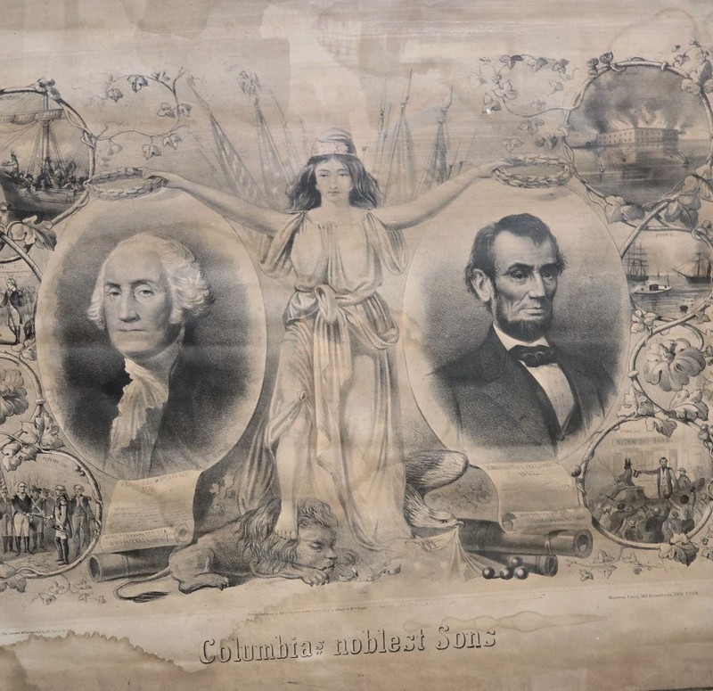 Washington & Lincoln Lithograph Kimmel & Forster, Columbia’s Noblest Sons 19 x24