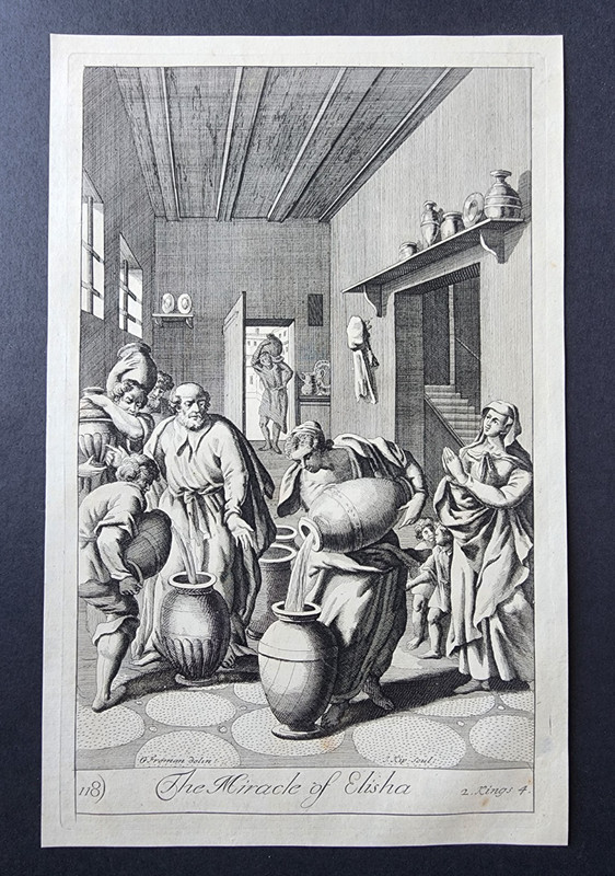 Antique 1690 Print - Miracle of Elisha - Blome Bible Engraving - 2 Kings 4