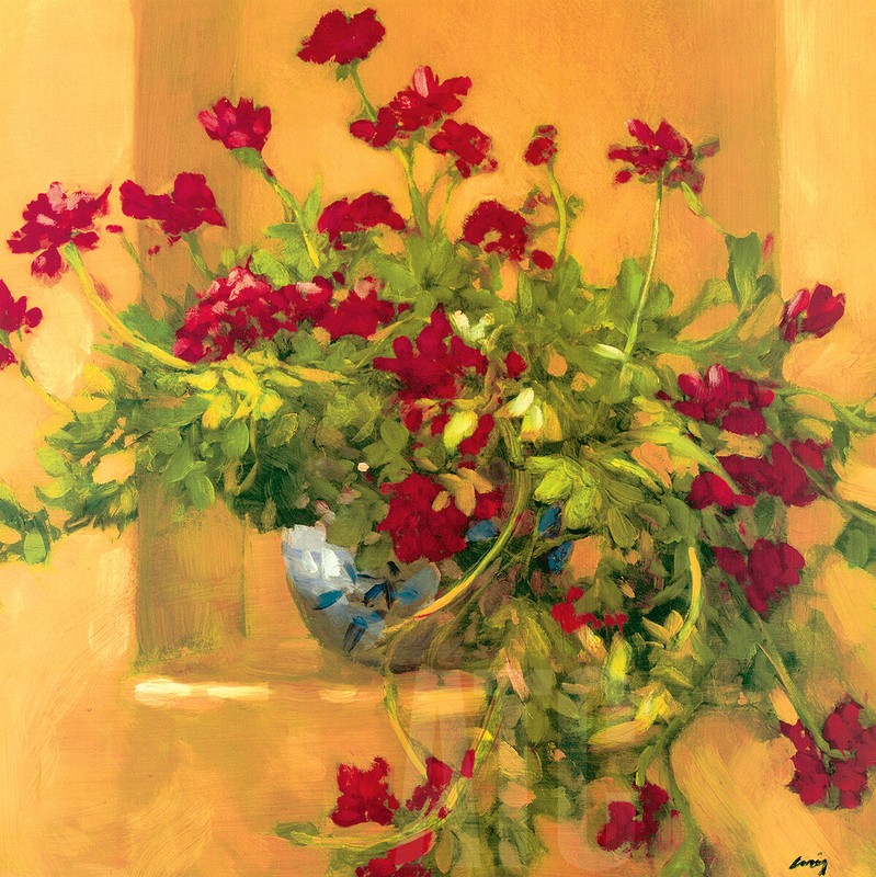 24W»x24H» IVY GERANIUMS by PHILIP CRAIG – BLUE VASE RED FLORAL STILL LIFE CANVAS