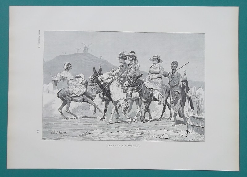 EGYPT Tourists Riding on Donkeys – 1878 German Xylograph Print