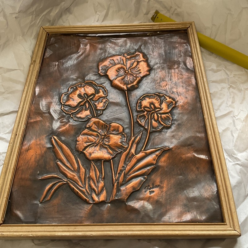 Framed copper repoussé panel of pansies, signed «Thaler 80» 10×13