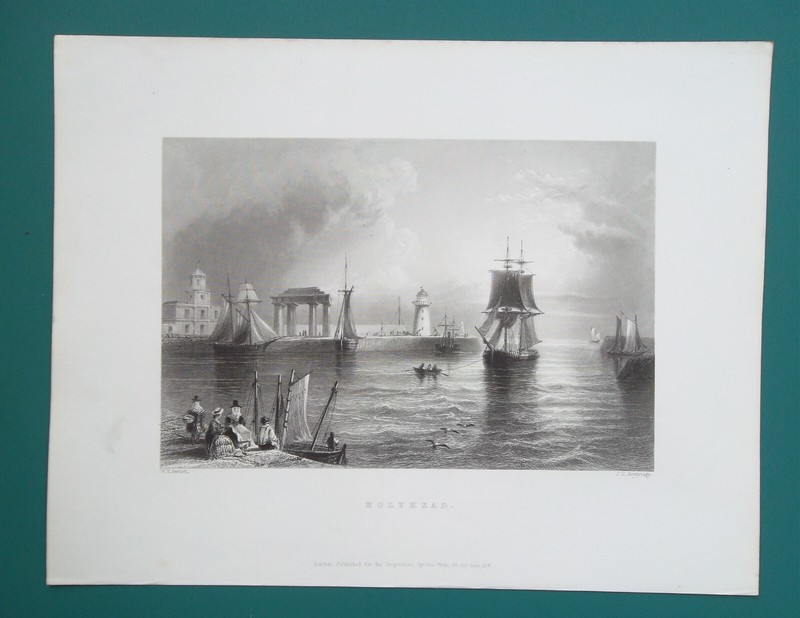 ENLAND Holyhead Island Lighthouse & Port Sailships – 1842 Antique Print Bartlett
