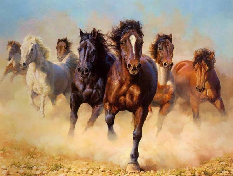 Animals Horses Group Artwork Painting Printed Canvas Art Wall Decor Giclee