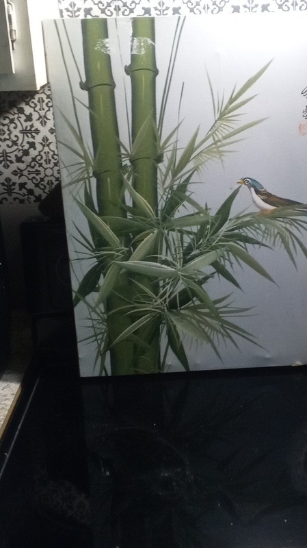 Signed Asian Bamboo & Bird Nature Art Print on Paper, Portrait, Framed