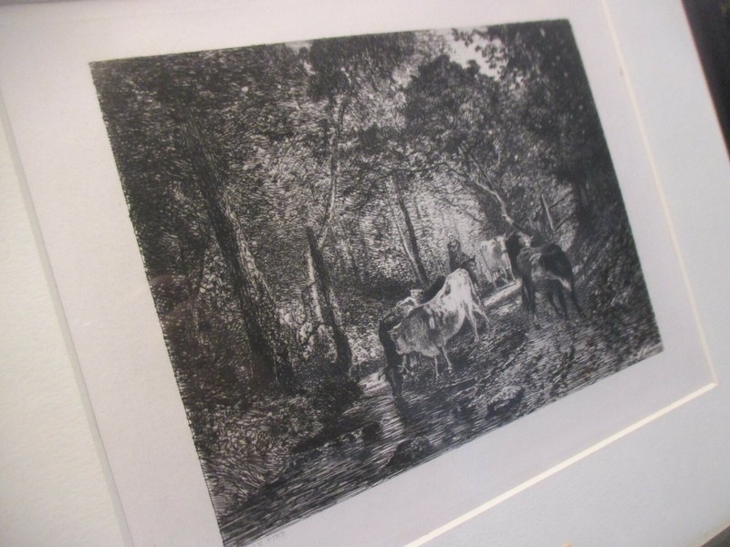 Antique cow etching Maxime lalanee after Troyon framed art