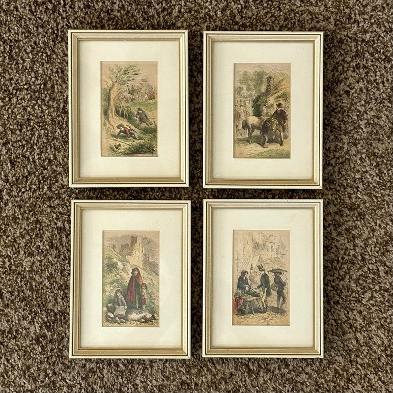 4 Vintage Prints Signed Dalziel Framed Matted Watercolored 6.25”x8.25”