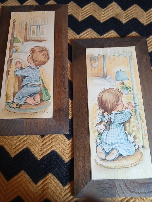 Vintage 1979 Decorative Art. Girl And Boy Bedtime Prayers. Coby Lithograph USA