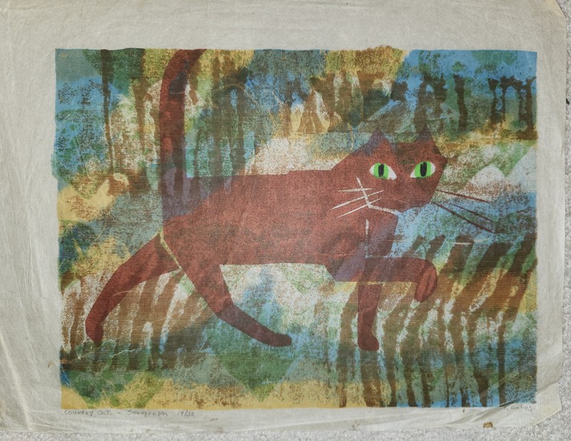 Signed Country Cat F. Gates 14/20 Serigraph 1970s Rice Paper Mid Century Modern
