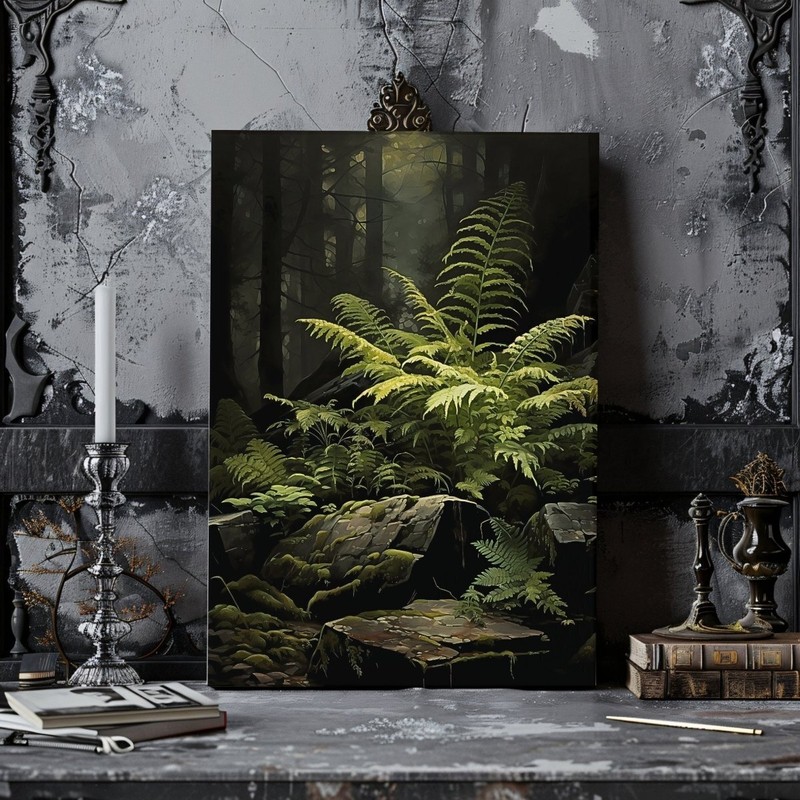 Fern Illuminated by Sunlight in Dark Moody Woodland - Gothic Wall Art Canvas Pri gallery