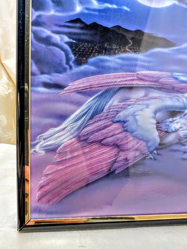 Vintage 1980s Sue Dawe Pegasus Fantasy Art Print Framed Mythical Horse Moon 80s gallery