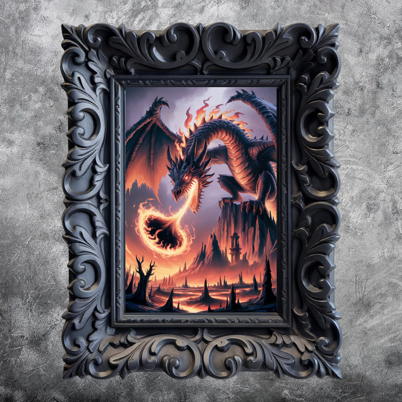 Fire Power Breathing Dragon Print Wall Art Decor Photo Poster Picture Gothic