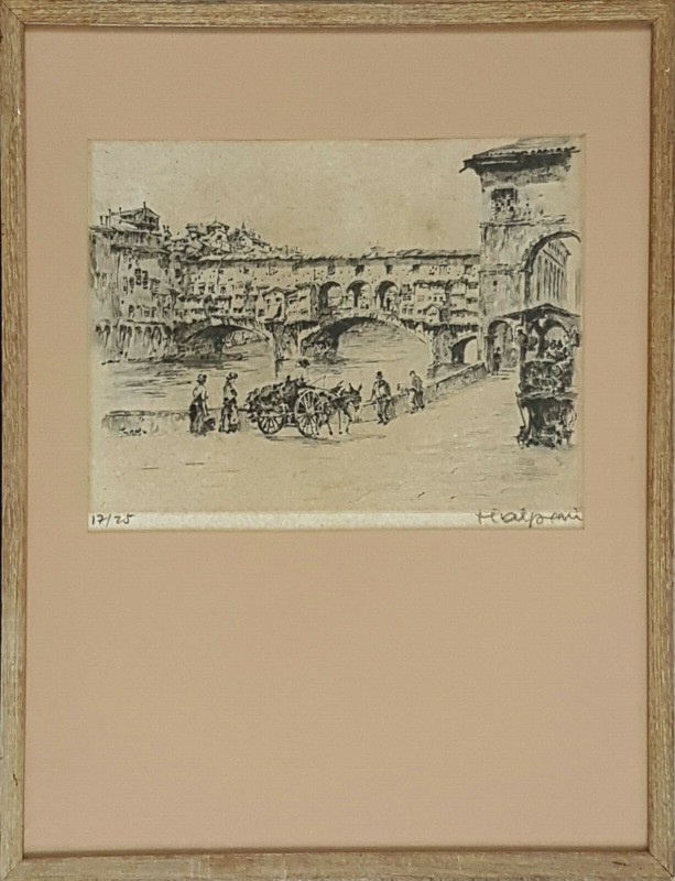 Etching by Frederick Halpern. The ponte vecchio, florence