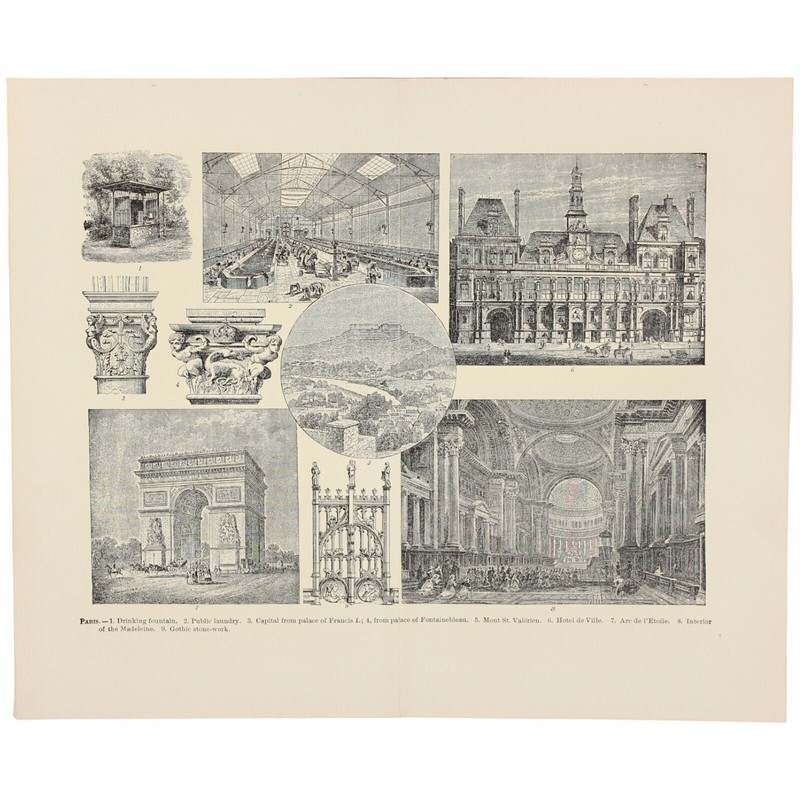 1891 PARIS FRANCE VICTORIAN ERA PRINT FOUNTAIN ARCHITECTURE ARC CAPITAL GOTHIC gallery
